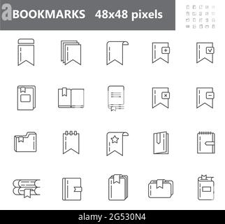 Tag segnalibro, vettore icona etichetta impostato in stile contorno. Simbolo della linea del segnalibro per riferimento, carta, documenti. Segno di capitolo, nota, paragrafo, quaderno Illustrazione Vettoriale