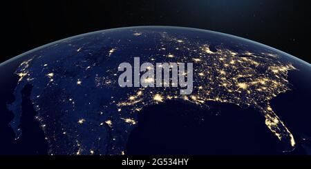 Vista del Nord America di notte nel pianeta terra che ruota dallo spazio Foto Stock