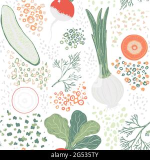 Disegno colorato senza giunture con verdure diverse: Rafano, cipolla, aneto, cetriolo Illustrazione Vettoriale