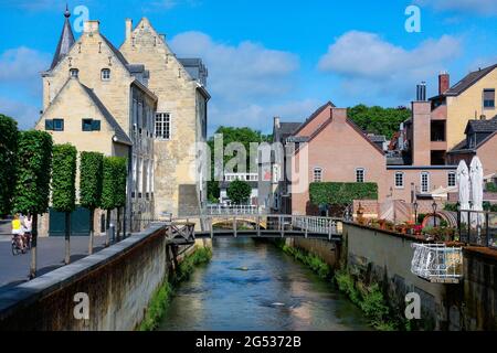 Il fiume Geul scorre passato edifici storici nella cittadina di Valkenburg aan de Geul nella provincia del Limburgo olandese. Foto Stock