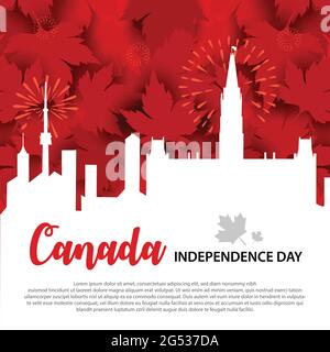 I social media poster del giorno dell'indipendenza del Canada illustrano sullo sfondo della città del Canada e foglie d'acero rosso, cracker. Scritta calligrafica o Illustrazione Vettoriale