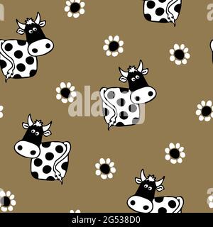Modello vettoriale senza cuciture con mucca e fiori su sfondo grigio. Carta da parati bianca e nera per bambini. Carino moda tessile. Illustrazione Vettoriale