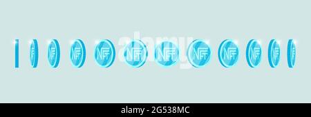 NFT non fungibile luce blu token girare intorno a diverse posizioni impostate. Soldi in linea per comprare l'arte esclusiva paga per i collectibles unici. Icona di rotazione della moneta di crittografia con tecnologia Blockchain per l'animazione eps Illustrazione Vettoriale