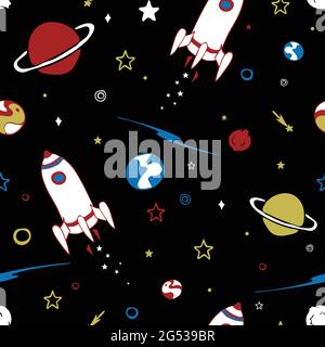 Pattern vettoriale senza giunture con astronave e pianeti su sfondo nero. Semplice disegno di carta da parati galassia per i bambini. Cartone animato Rocket moda tessile. Illustrazione Vettoriale