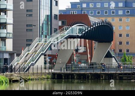 Passerella pedonale sulla linea ferroviaria Brayford Lincoln City Foto Stock