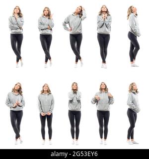 Collezione di varie giovani donne in felpa con cappuccio e leggings guardando su pensiero e pianificazione. Persone a corpo pieno isolate su sfondo bianco. Foto Stock