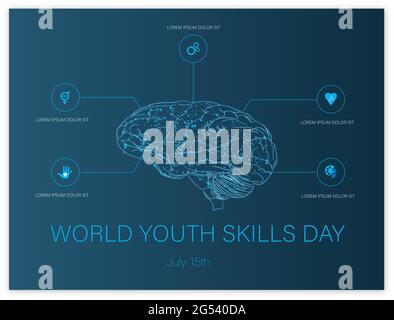 World Youth Skills day.brain circondato da icone che rappresentano alcune competenze giovanili come lavoro, uguaglianza, cultura, salute, volontariato. Illustrazione vettoriale in Illustrazione Vettoriale