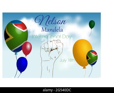 Nelson Mandela International Day 18 luglio. Traccia di un pugno sollevato, su un cielo con le nuvole e palloncini con la bandiera dell'Africa e altri con la sua razza Illustrazione Vettoriale