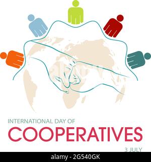 Giornata internazionale delle cooperative, saluto attuale con una mano chiusa su una mappa del mondo, concetto di unità, vettore in tonalità blu e arancione. Illustrazione Vettoriale