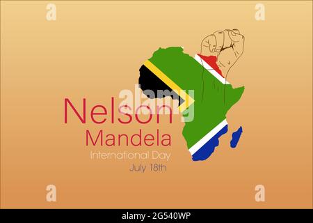 Nelson Mandela International Day 18 luglio , disegno di un pugno sollevato su una mappa dell'Africa con la sua bandiera verde, blu, rossa e gialla. Illustrazione Vettoriale