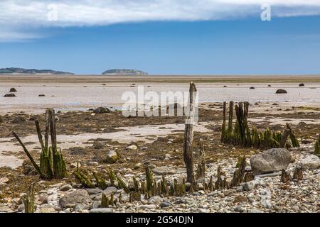 Una vista attraverso lo stretto di Menai di Anglesey e Puffin Island dal Wales Coastal Path, Llanfairfechan, Galles Foto Stock