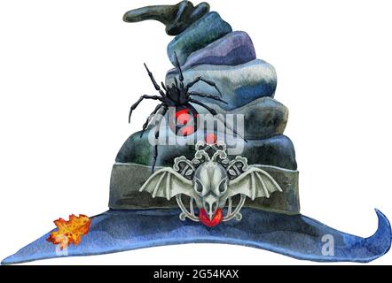 Cappello di strega magico acquerello con ragno. Illustrazione di alta qualità per le decorazioni magiche e celebrando Halloween Foto Stock