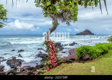 Road to Hana: Spiaggia di Kōkī con vista sull'isola di 'Ālau in lontananza; Maui, Hawaii Foto Stock