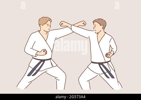 Concetto professionale di caccia sportiva karate. Due personaggi cartoni animati uomini forti in uniformi bianche in piedi combattendo pratica Karate insieme illustrazione vettoriale Illustrazione Vettoriale