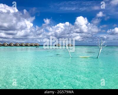 Amaca rilassante nella laguna dell'Atollo Sud di Ari, Maldive Foto Stock