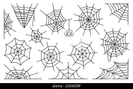 Set vettoriale spiderweb flat. Decorazione di Halloween con ciottweb. Icone Web contorno nero, semplice linea sottile isolata su sfondo bianco. Ragno piccolo. Forme intere, angolari, metà, parte della forma Illustrazione Vettoriale