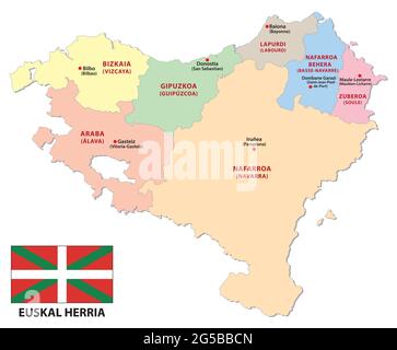 mappa amministrativa della parte francese e spagnola del paese basco con bandiera Illustrazione Vettoriale