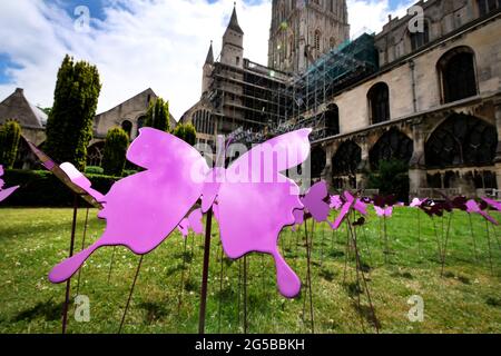 Gloucester, Regno Unito. 26 giugno 2021. Mille farfalle metalliche sono state dedicate in memoria dei cari in una nuova raccolta di fondi per la comunità Longfield, con sede a Minchinhampton, Gloucestershire, progettata dall'artista Gemma Pitman, in esposizione nella cattedrale di Gloucester, fino all'11 luglio. - 25 Giugno 2021 Credit; Andrew Higgins/Thousand Word Media/Alamy Live News Foto Stock