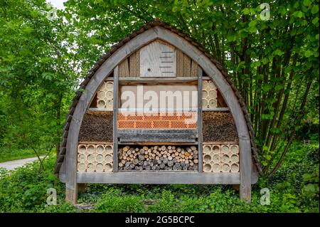 Casa di insetto in legno nel giardino. Bug hotel in ambiente naturale. Hotel per insetti in Svizzera. Rifugio o rifugio per insetti. Foto Stock