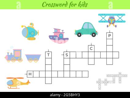 Crossword per bambini con foto di trasporto. Gioco educativo per studiare la lingua inglese e le parole. Foglio di lavoro stampabile per le attività dei bambini. Include Illustrazione Vettoriale