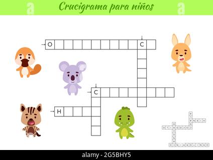 Crossword per bambini in spagnolo con foto di animali. Gioco educativo per studiare la lingua e le parole spagnole. Foglio di lavoro stampabile per le attività dei bambini. Illustrazione Vettoriale