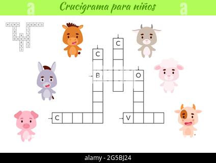 Crossword per bambini in spagnolo con foto di animali. Gioco educativo per studiare la lingua e le parole spagnole. Foglio di lavoro stampabile per le attività dei bambini. Illustrazione Vettoriale