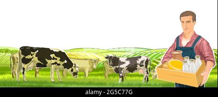 Agricoltore con scatola di latticini: Latte, formaggio, crema. Bottiglie, caraffa. Adagiato sullo sfondo di un paesaggio rurale con mucche, giardini di verdure e collinari Foto Stock