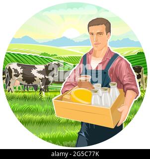 Agricoltore con una scatola di latticini: Latte, formaggio, crema. Bottiglie, caraffa. Sullo sfondo di un paesaggio rurale con mucche, erba e pascoli. Piatto Foto Stock