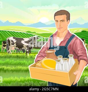 Agricoltore con una scatola di latticini: Latte, formaggio, crema. Bottiglie, caraffa. Sullo sfondo di un paesaggio rurale con mucche, orti, colline Foto Stock