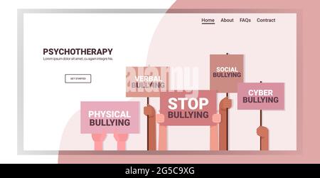 mix di mani attivisti corsa tenendo fermi i banner bullismo ansia sociale concetto di psicoterapia Illustrazione Vettoriale