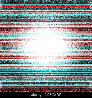 Glitch sfondo vettoriale astratto con centro sbiancato, effetto errore, linee orizzontali casuali blu, rosso, nero pixelated per concetti di design, poster, sfondi, presentazioni e stampe. Illustrazione Vettoriale