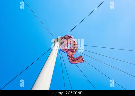 I palloncini della celebrazione del compleanno sono rimasti in un palo del telegrafo. Si prega di credito: Phillip Roberts Foto Stock