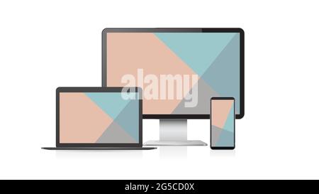 imposta computer monitor laptop e smartphone con schermi colorati realistici mockup gadget e dispositivi Illustrazione Vettoriale