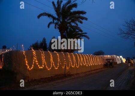 Decorative luci a corda all'aperto appese sull'albero nel giardino durante la stagione dei festival notturni Foto Stock