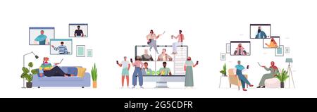 impostare mix di persone che chattano durante la videochiamata con gli amici conferenza online concetto di comunicazione riunione virtuale Illustrazione Vettoriale