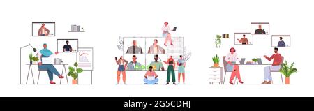 impostare gli uomini d'affari che chiacchierano con i colleghi di gara mix durante la videochiamata persone che hanno una conferenza online Illustrazione Vettoriale