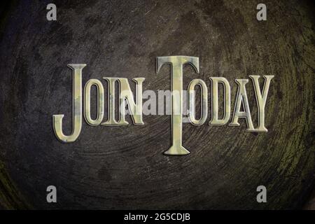 Unisciti al testo concettuale di oggi sullo sfondo Foto Stock