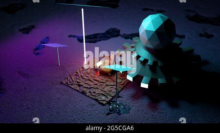 Rendering 3D di un campo base alieno su un deserto in un'altra terra illuminata nel buio Foto Stock
