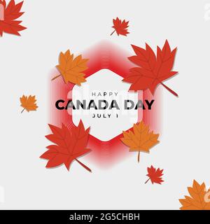 Poster di celebrazione del Canada giorno sulla tonalità rosso sfondo esagonale. In cartellone foglie di acero rosso e arancio Illustrazione Vettoriale