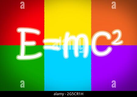 Albert Einsteins testo del concetto di formula fisica sullo sfondo Foto Stock