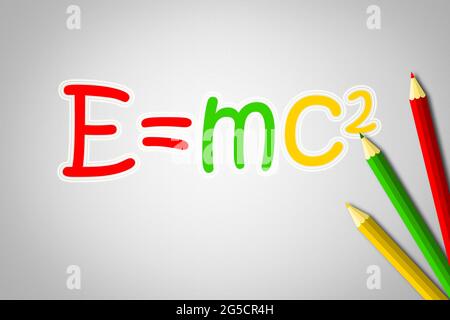 Albert Einsteins testo del concetto di formula fisica sullo sfondo Foto Stock