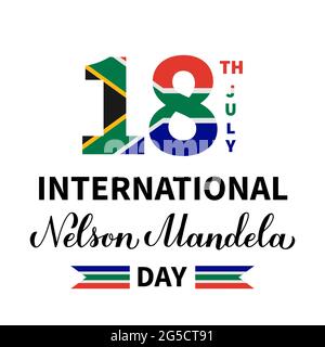 Calligrafia internazionale Nelson Mandela Day lettere a mano. Festa annuale il 18 luglio. Modello vettoriale per, banner, poster tipografico, biglietto d'auguri, Illustrazione Vettoriale