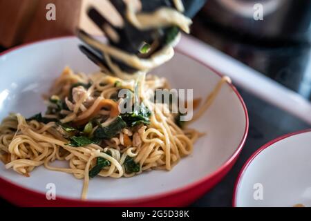 Piastrando e servendo una porzione di pollo cotto in casa, frittura, verdure asiatiche e tagliatelle d'uovo in una ciotola. Messa a fuoco selettiva, profondità di campo poco profonda Foto Stock