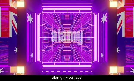 Tunnel al neon 4K UHD 3D con bandiere australiane Foto Stock