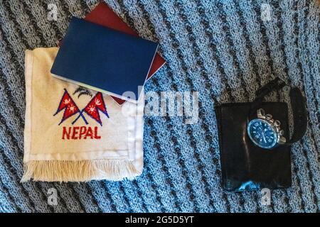 Immagine di posa piatta. Tema di viaggio Foto Stock