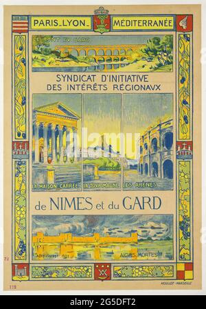 Un poster di viaggio vintage per Nimes e Gard nel sud della Francia Foto Stock