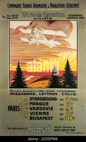 Un poster di viaggio vintage del 1920 per viaggi aerei in Francia, da Parigi alle capitali europee Foto Stock