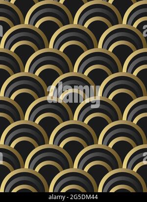 Vettore di pattern a semicerchio con sfondo nero e oro. Bella immagine di copertina per banner speleologia per carta da parati. Foto Stock