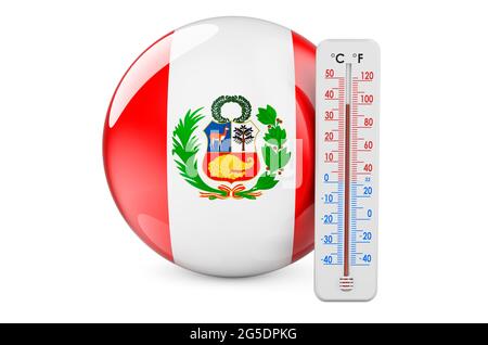 Termometro con bandiera peruviana. Calore in Perù concetto. Rendering 3D isolato su sfondo bianco Foto Stock