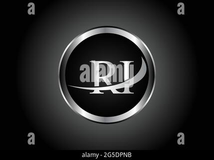 Design con icone a forma di alfabeto con logo in metallo a forma di lettera argento RI con colore grigio su disegno a gradiente in bianco e nero per un'azienda o un'azienda Illustrazione Vettoriale